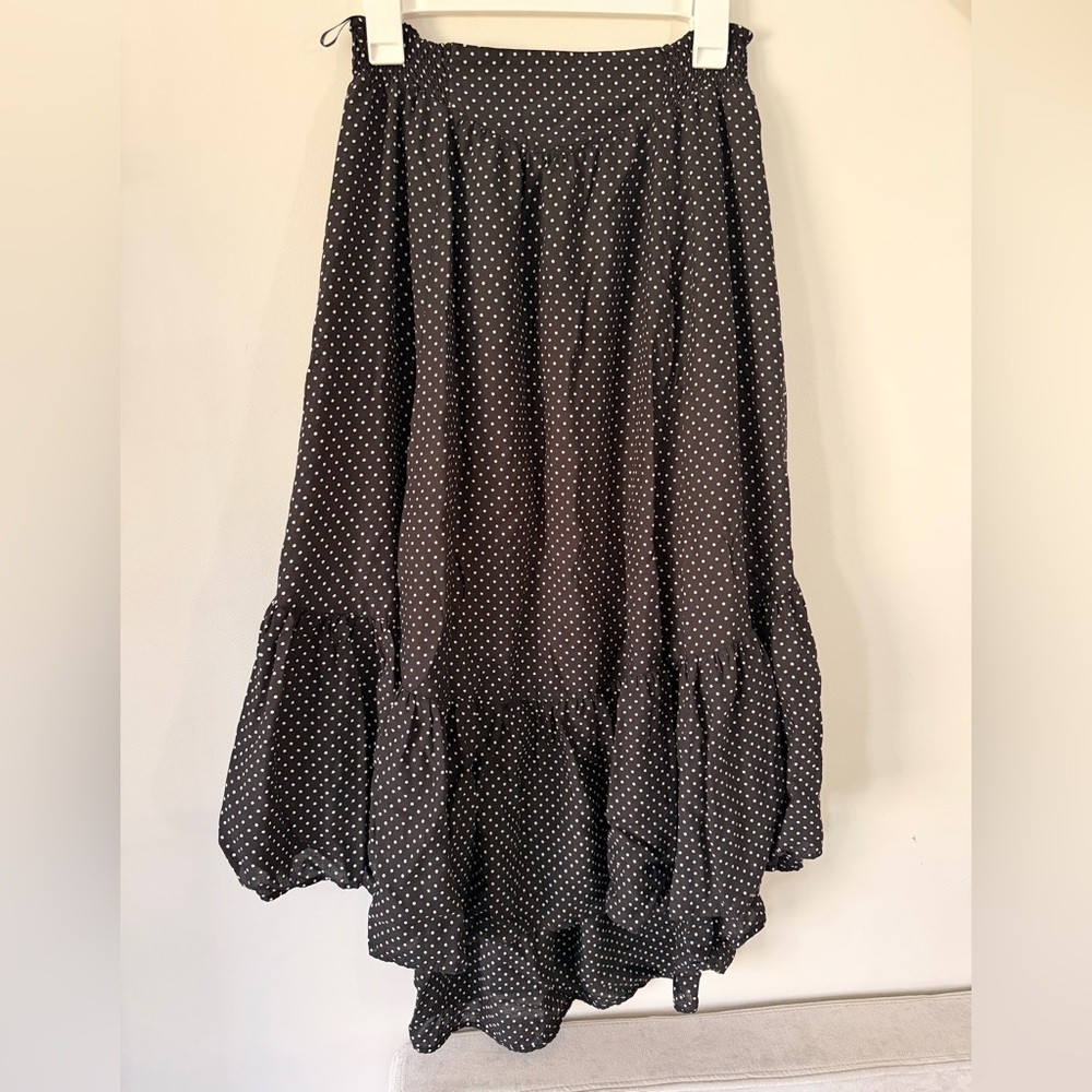 Free People Polka Dot Tiered Midi Skirt Black White Boho Elastic Waist XS